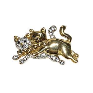 Vintage Gold & Crystal Pair Of Kitties Leaping Brooch Gold Tone 2"